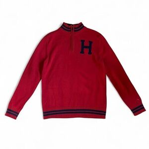 Tommy Hilfiger Red and Navy 1/4 Zip-Up Knit Sweater Size Adult Small Boys Large